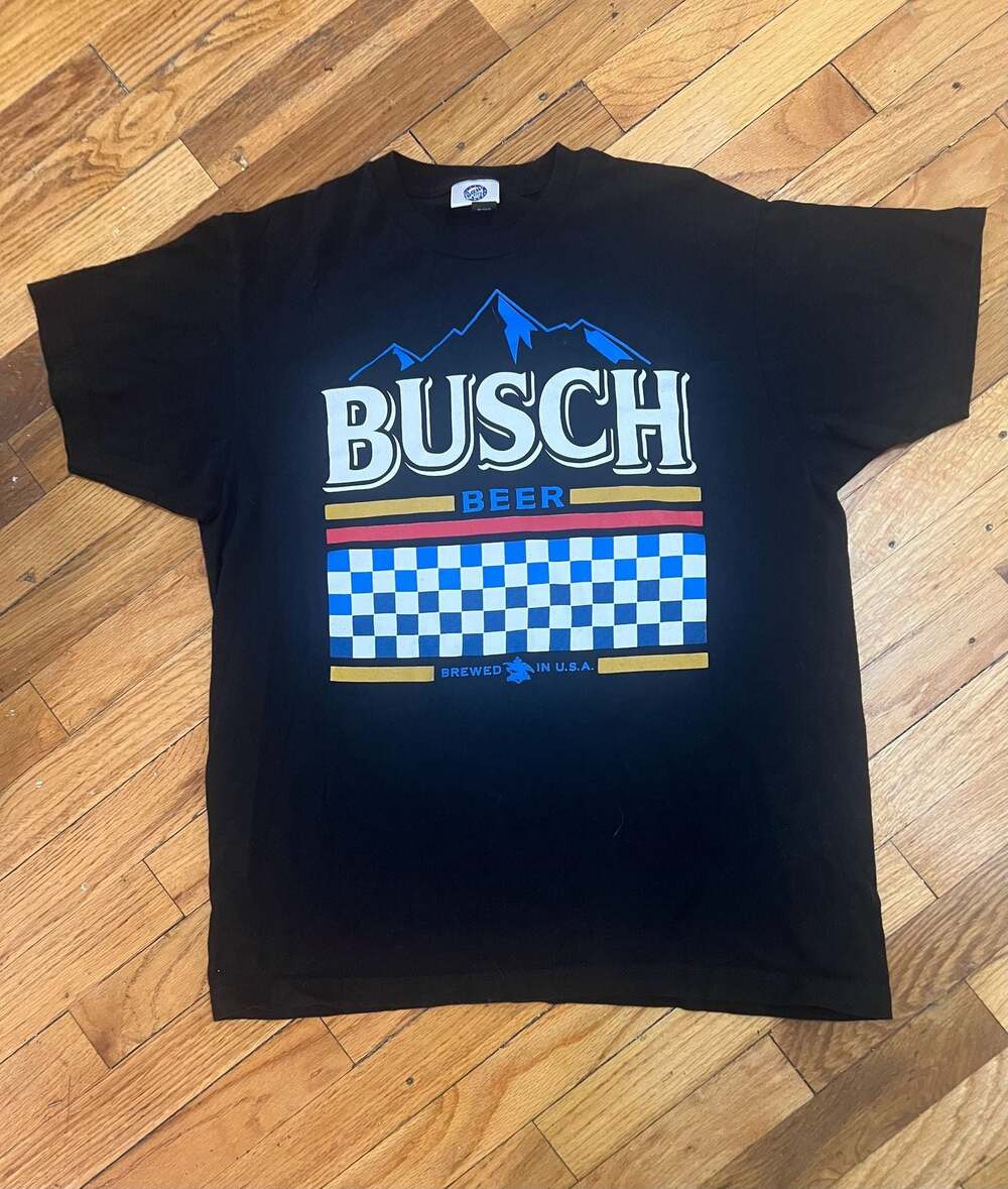 Brew City Brand Busch Beer Checkered Mountain Graphic T-Shirt Size L